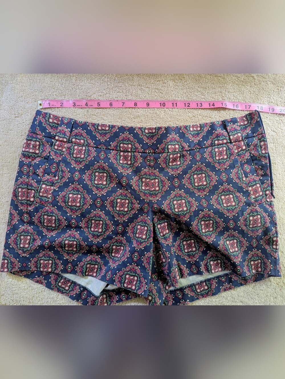 $10 J.Crew Size 12 Paisley Medallion Side Zip Chino Shorts Navy Pink
